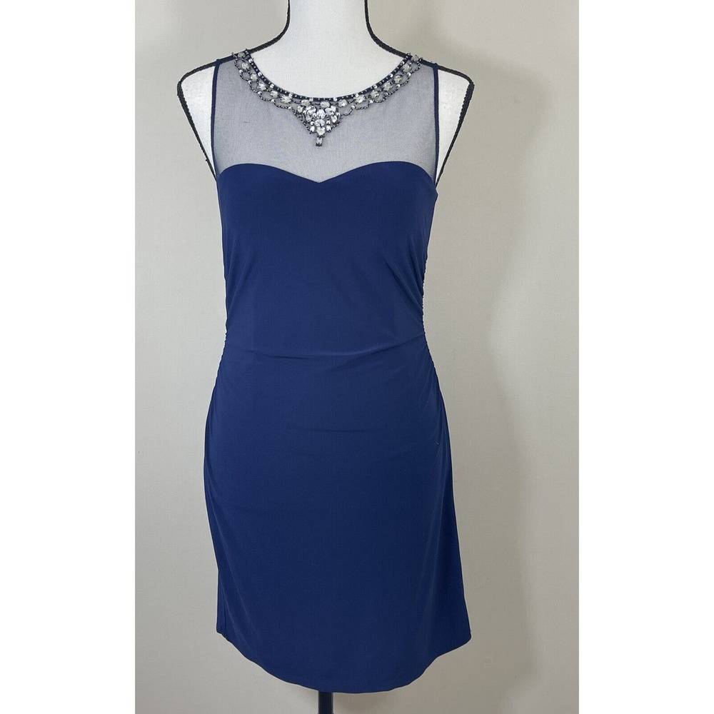 HAILEY LOGAN By Adrianna Papell  Ruched Illusion Beaded Dress siz M Blue